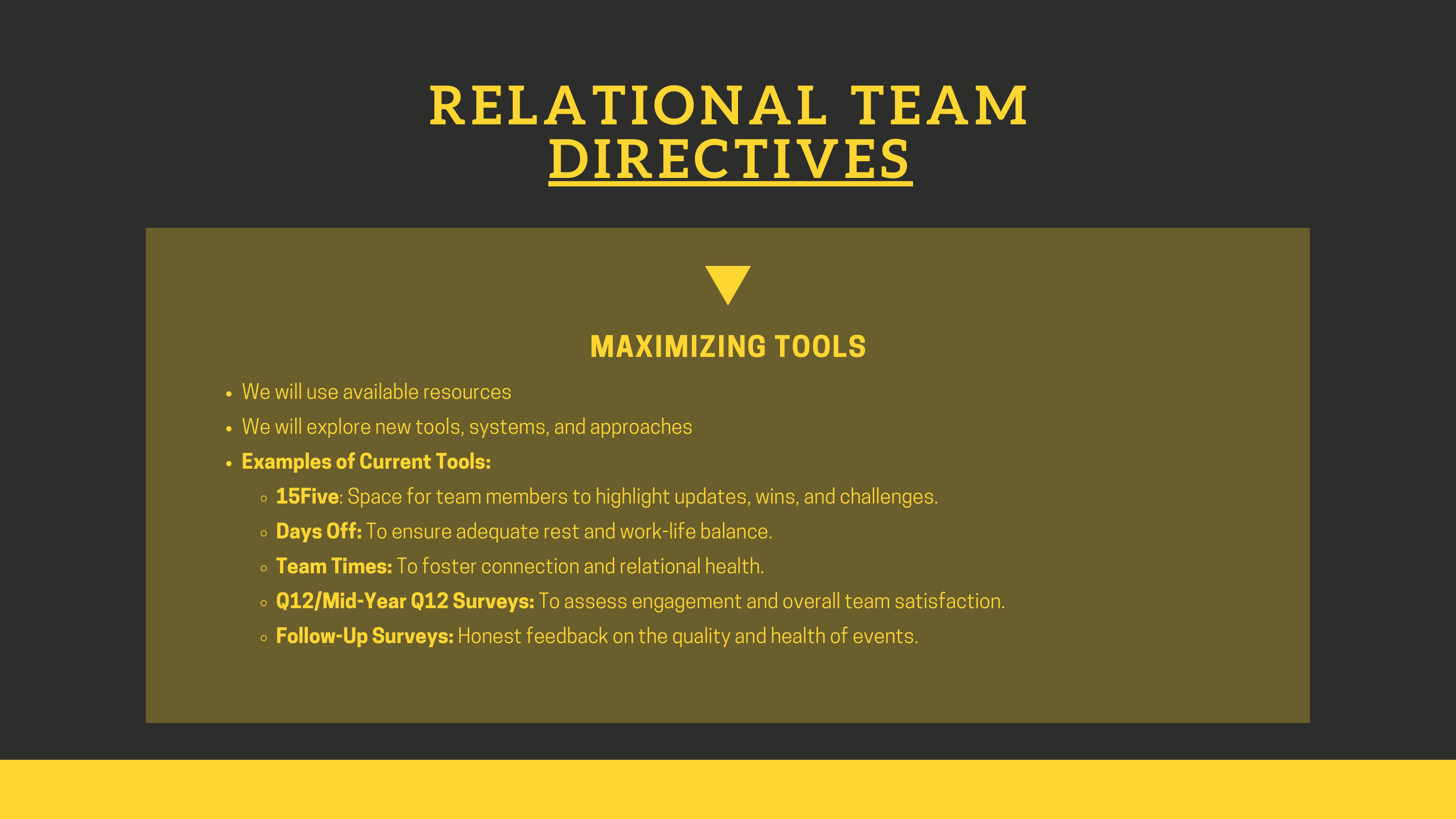 Relational tools, 15Five, days off, team times, surveys