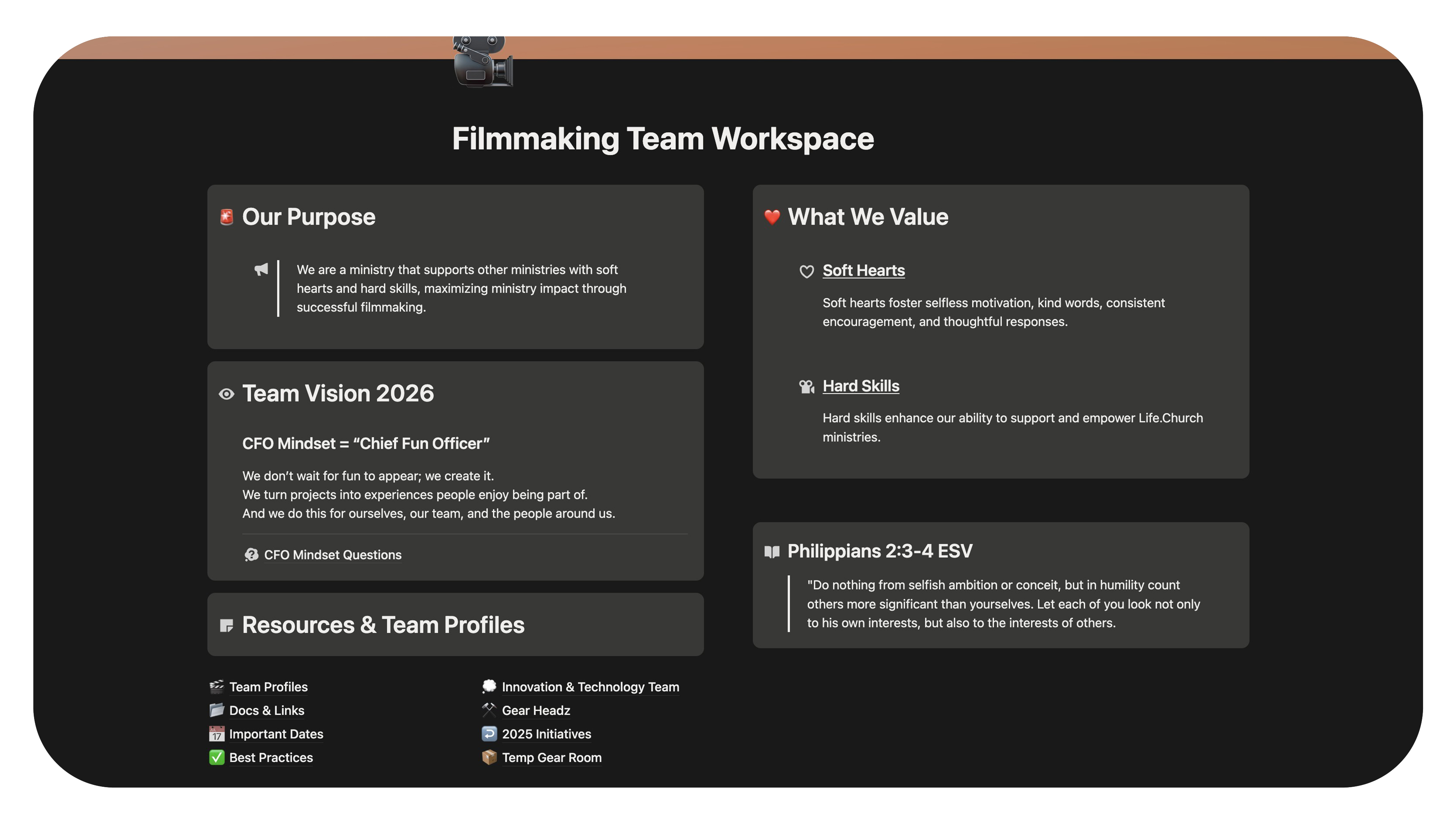 Filmmaking Team Notion workspace home, the central hub